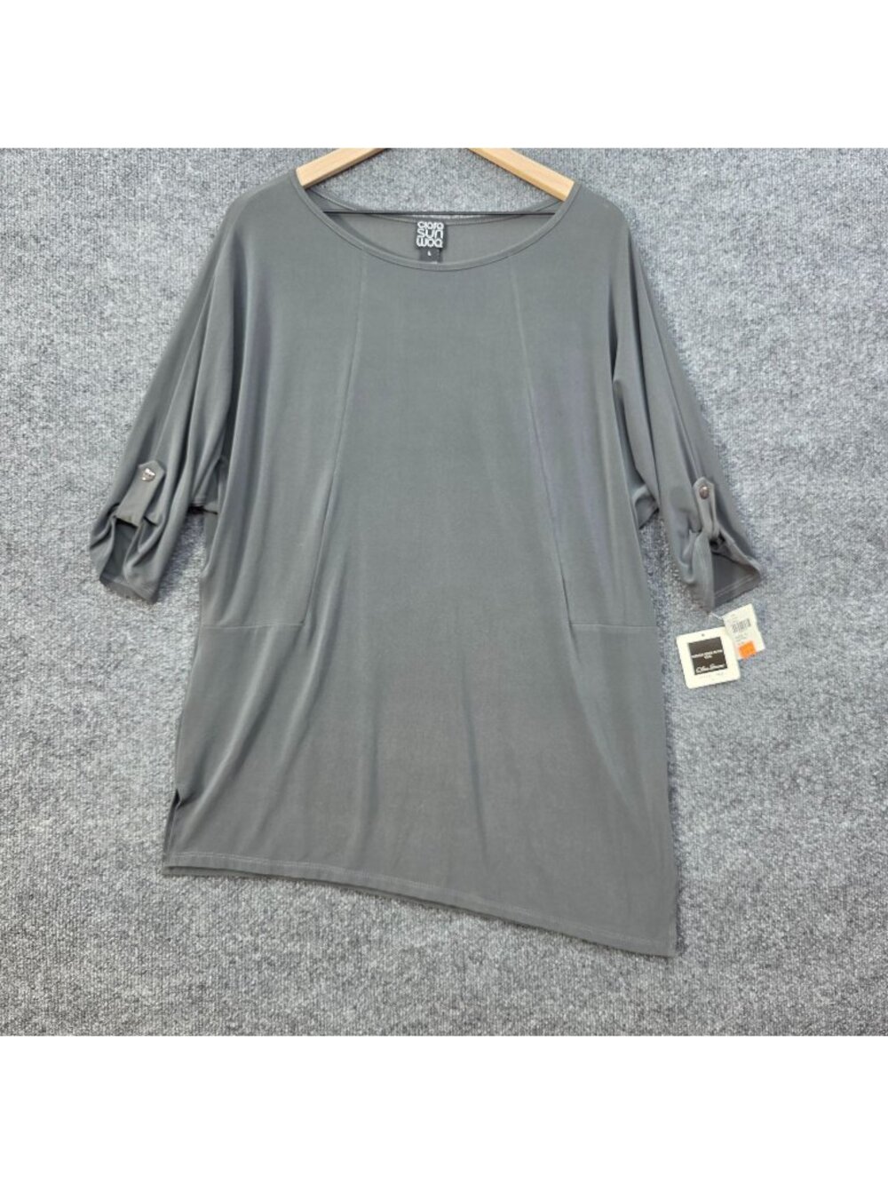 Clara Sun Woo Asymmetrical Tunic L Gray USA Roll Tab Sleeves Casual Minimalist